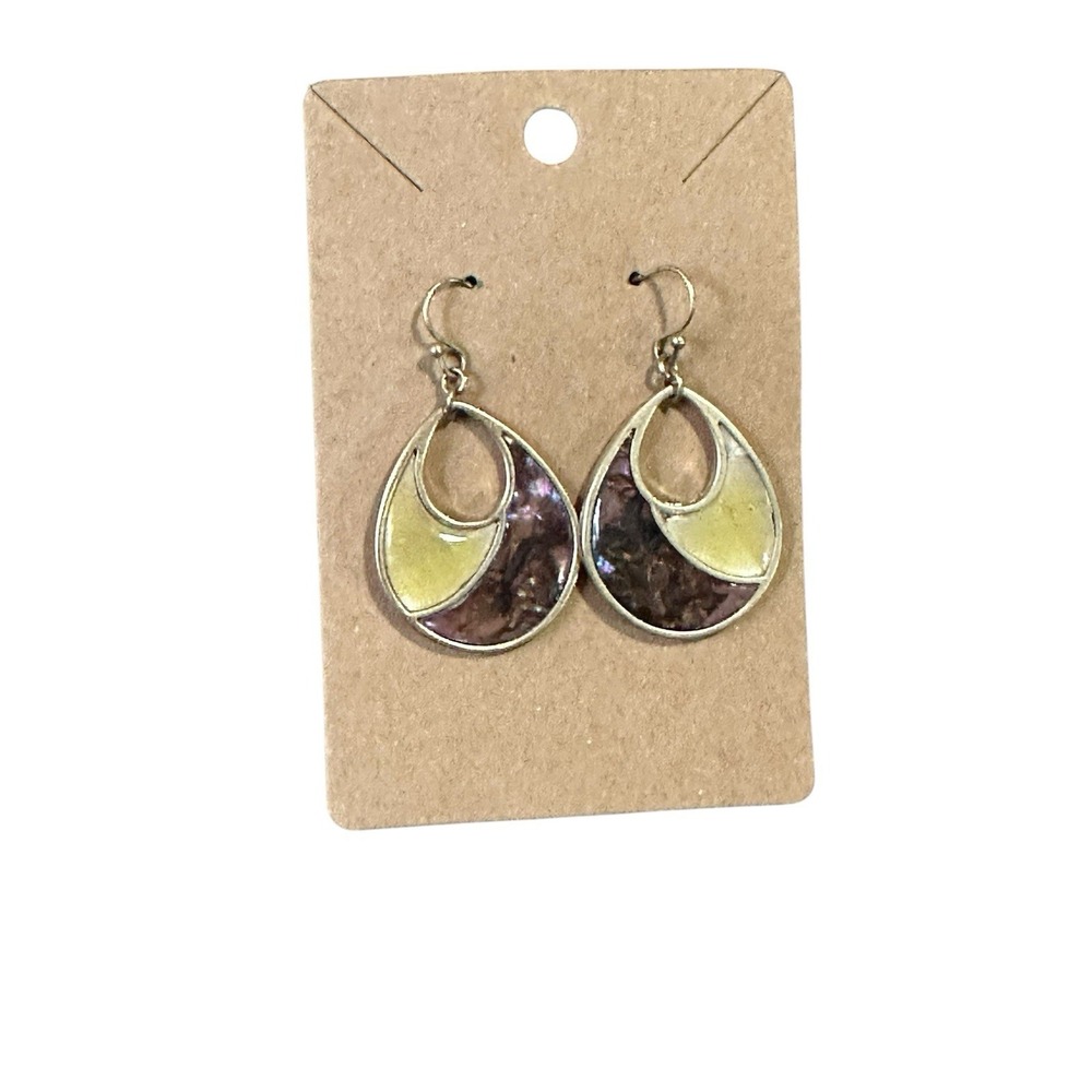 Vintage Silver Tone Purple‎ Abalone Yellow Enamel Teardrop Dangle Earrings